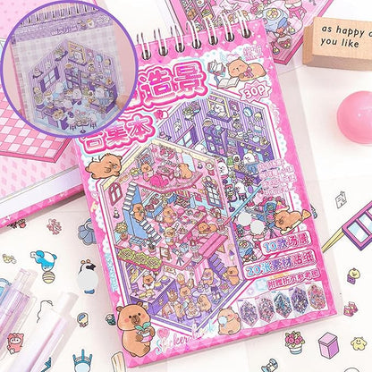 3D Sticker Scene Book,Sticker Therapy for Adults,Include 10 Beautiful House Isometric 3D Space DIY Scene Stickers Book,Cute Art Stickers for Girls