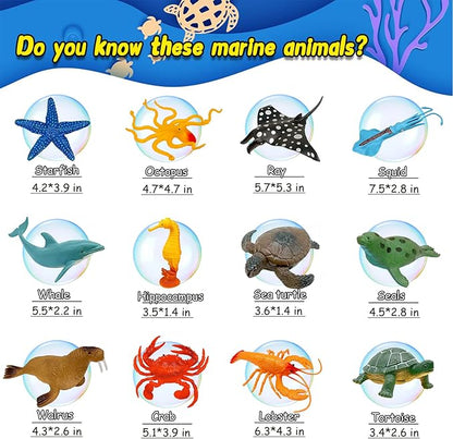 Ocean Sea Animal Figures, 12 Pack Realistic Soft Plastic Bath Toys for Toddlers, Kids, Boys, and Girls