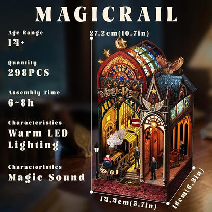 LED Book Nook Kit for Adults – DIY Miniature House Kit, Wooden Dollhouse Kit, Booknook Craft Kits, Library Bookshelf Decor, 3D Puzzles for Adults, Book Lovers Gifts, Magic Station
