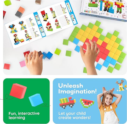 PicassoTiles 102pcs Pixel Magnetic Puzzle Cube 1” Pixel Mix & Match Toys with Ideabook STEM Education Learning Building Block Magnets Construction ToySet Stacking Creative Kit for Kids Age 3+ PMC102