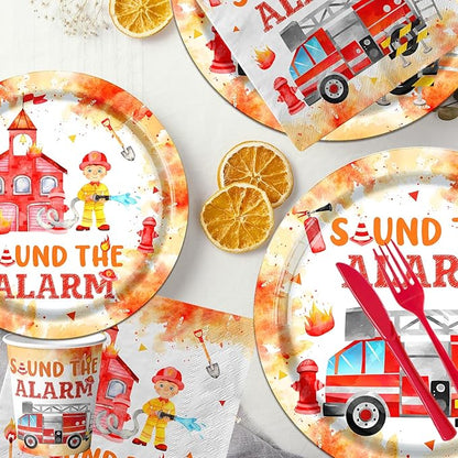 Firefighter Birthday Party Decorations, Firetruck Birthday Decorations 142pcs Tableware Set Include Plates,Napkins,Cups,Banner,Sound The Alarm Tablecloth For Fireman Fire Truck Party Supplies