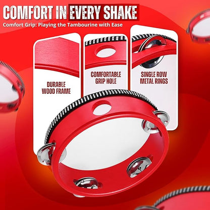 Flexzion Wooden Round Tambourine for Kids and Adults 6" Inch Single Row 8 Pair Jingles, Red Handheld Percussion Instrument for Beginner and Professional Tambourine Player