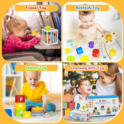 6 in 1 Montessori Toys for Babies 6–12 Months Stacking Block Soft Infant Ring Shape Learning Sensory Bin Pull String Teething Toy Tissue Box for Toddlers 1 2 3 Year Old Boy Girl Gift