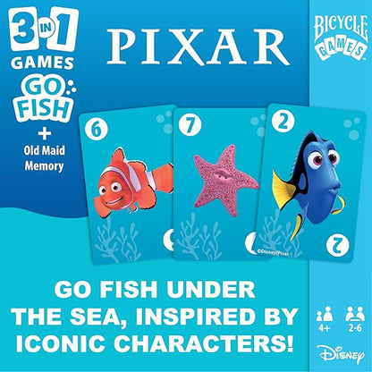 Bicycle Disney and Pixar 3-in-1 Card Games, Old Maid, Go Fish & Memory, Featuring Toy Story, Finding Nemo & Inside Out Characters, Kids Card Games Ages 4+, Family Games for 2-6 Players