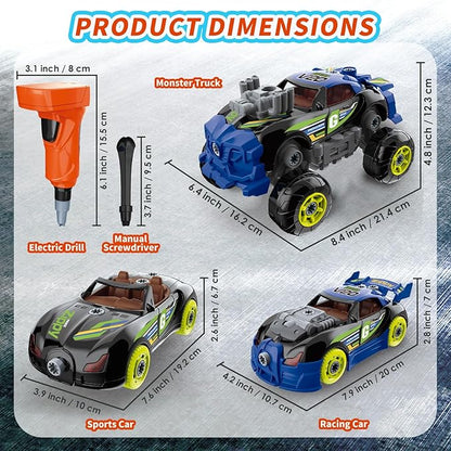 3-in-1 Building Car for Boys Ages 3+, Take Apart Car with Electric Drill, 43 Pcs Construction Toy Truck, Build Your Own Cars with Play Tools, Ideal Educational Present for Kids Children (Black)