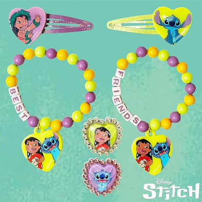 LUV HER Disney Stitch Girls BFF 6 Piece Toy Jewelry Box Set with 2 Rings, 2 Bead Bracelets and Snap Hair Clips Ages 3+