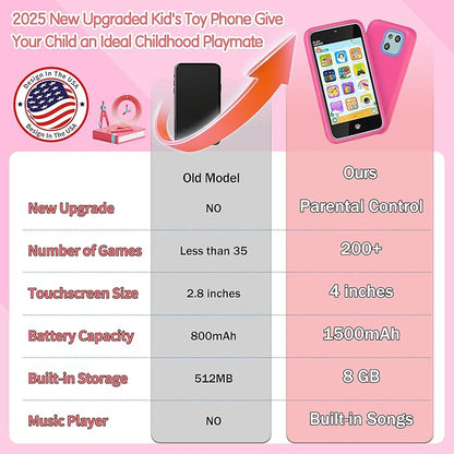 Kids Toy Phones with Dual Camera, Learning Toys Phones Gifts for Kid 3-12 with 200+ Educational Puzzle Games, 4" Touchscreen Rechargeable Pink Child Smartphones with Parental Control