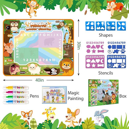Water Doodle Mat Kids Mess Free Coloring for Toddlers 3 4 5 6 7 8 9 Years, 19 Pack Educational Toys, Doodle Mat with Magic Water Pens
