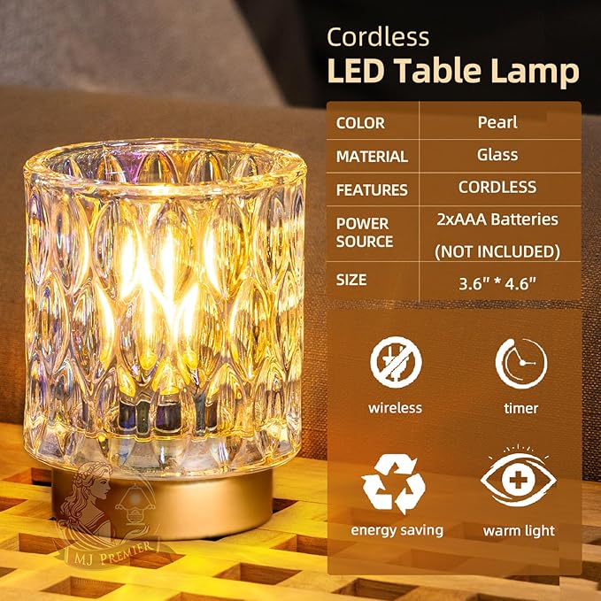 Battery Operated Table Lamps Timer, Mini Crystal Lamp for Area No Plug, Cordless Lamp with LED Bulb for Power Outage, Decorative Lamps for Tabletop/Corner/Entryway/Stairway/Bathroom/Fireplace(2*PEARL)
