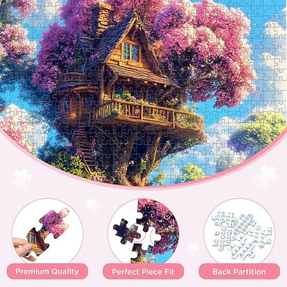 500 Piece Puzzle for Adults Puzzle, Pink Tree House Jigsaw Puzzle 500 Pieces, Colorful Flower Jigsaw Puzzles for Adults Seniors, Challenging Family Games Holiday Party Gifts 20.5×15 in