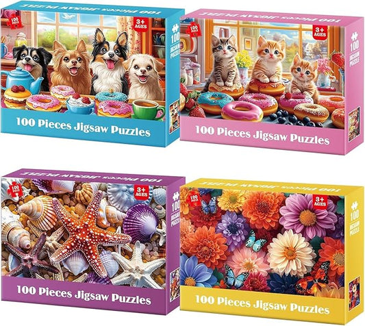 4 Packs 100 Piece Puzzles for Adults Seniors - Dogs Starfish Flower Cats Puzzles for Kids Ages 4-6 6-8 8-10 Year Old Large Piece Puzzle for Kids Learning Educational Toys for Boys and Girls Ages 5-8