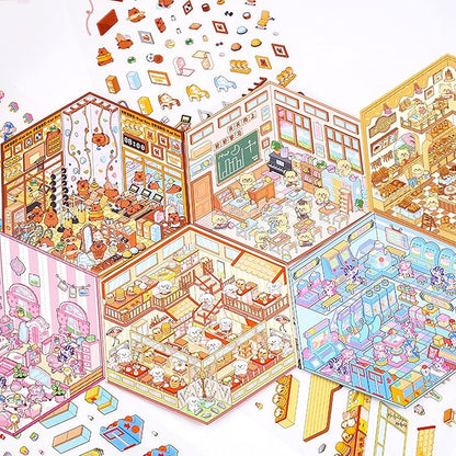 DIY 3D Sticker for Kids, 6 Sets of Cute Stickers for Girls Adult Isometric Sticker Scene Kids Reuseable and Waterproof Stickers