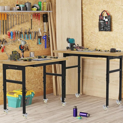 60'' Adjustable Workbench, Solid Wood Work Bench Table with Wheels and Power Outlet, Rolling Workbench Large Load Capacity Garage Workbench for Workshop,Office,Home