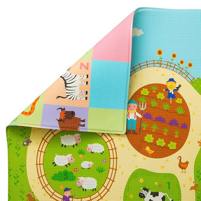 Baby Care Play Mat (Medium, Playful - Busy Farm) 73’’ x 49’’ Original One-Piece Reversible Rollable Waterproof Play Mat for Infants, Babies, Toddler, and Kids