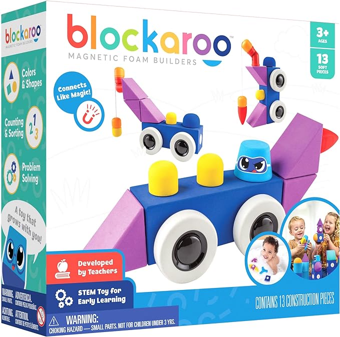 Blockaroo Magnetic Foam Building Blocks - 13-Piece Roadster, Bath Toys for Toddlers, Preschool Toys, Bathtub Toys, Sensory Toys, Blocks for Toddlers 3-5, Engineering Toys for Kids 3-5, Bath Blocks