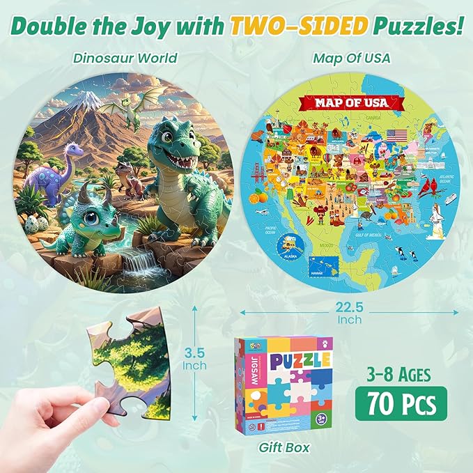 ELX 70 Piece Large Dinosaur Floor Puzzle for Kids Ages 5-8,United States Map & Dino Jigsaw Puzzles, Double-Sided Round Puzzles for Toddlers, Educational Toys for Boys & Girls (22.5 Inch)