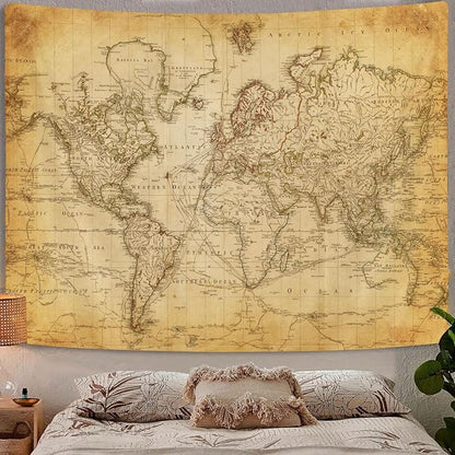 Old World Map Tapestry, Vintage World Map Geographical Distribution Tapestry Wall Hanging, Brown Historical Atlas Educational Poster Classroom Large Tapestries Office Decor 90x70
