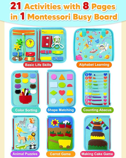Exorany Busy Board Montessori Toys for Toddler Boy Girl Birthday Gifts, Busy Book Sensory Learning Toys for Toddlers, Toddler Airplane Car Travel Toy Educational Activities