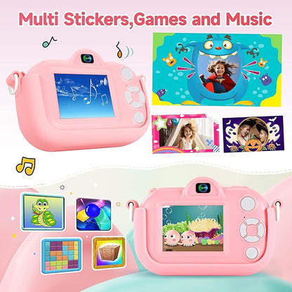 Kids Camera Toys for Ages 3 4 5 6 7 8 9 Girls, 48MP Dual Lens Toddler Digital Camera Christmas Birthday Gift, Kids Selfie Camera with 32G SD Card, Silicone Cover