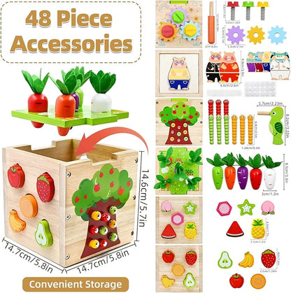 Baby Wooden Activity Cube Montessori Toys for Boys Girls Birthday Gifts, 5 in 1 Early Educational Learning Fine Motor Skill Game Toys for Toddlers Kids 18 24 Month Christmas Stocking Stuffers