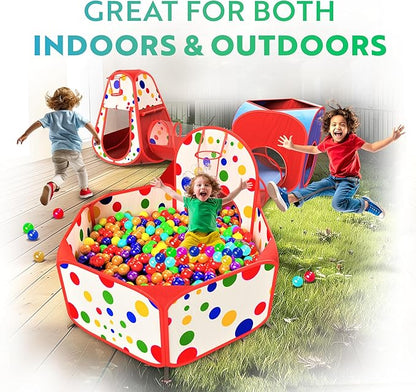 Playz 5-Piece Kids Play Tents Crawl Tunnels and Ball Pit Popup Bounce Playhouse Tent with Basketball Hoop for Indoor and Outdoor Use with Red Carrying Case