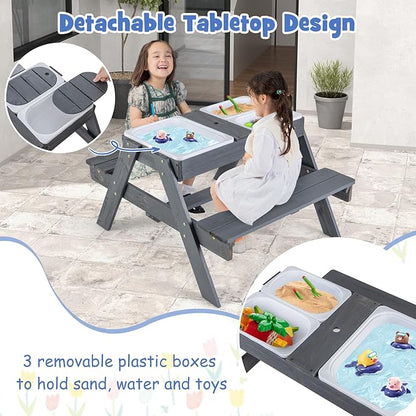 HONEY JOY Kids Picnic Table, 4 in 1 Cedar Wooden Sand & Water Table w/ 3 Removable Box & Umbrella, Kids Picnic Tables for Outdoors Backyard Garden, Toddler Patio Furniture Set for Boys Girls(Gray)