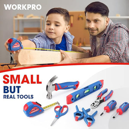 WORKPRO Kids Real Tool Set with 12 Inch Steel Tool Chest with Wheels, 10PCS Boys First Tool Set with 2 Drawers Blue Metal Rolling Tool Chest, Kids Woodworking Tools for DIY, Home Repair
