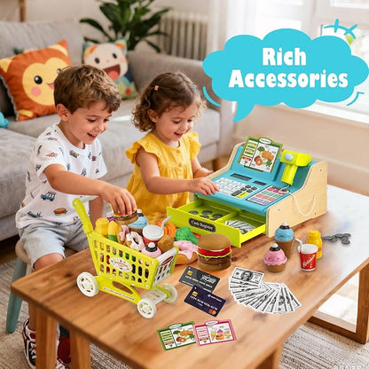 Wooden Cash Register for Kids with Shopping Cart Rechargeable Kid Cash Register with Scanner Gift for Kid Age 3 4 5 6 7 8 9 Year Old Pretend Play for Toddlers Toys for 3-12 Year Old Kids
