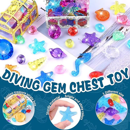 YUJUN 30 Pieces Colorful Diving Gem Pool Toys Big Diamond Ocean Animals Gem with Treasure Pirate Chest Box Summer Underwater Acrylic Gemstones Set for Kids Swimming Pool Party Favors