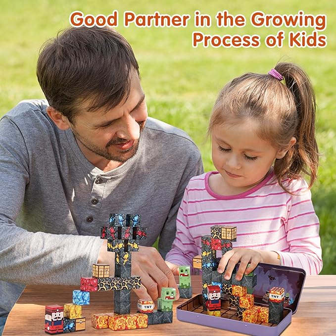 35PCS Magnetic Blocks for Kids - STEM Learning Creative Construction Sets Building Cubes with Portable Iron Storage Box, Educational Travel Games, Road Trip Sensory Toys Magnetic Tiles (Treasure Hunt)