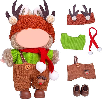 17cm Doll Clothes Set (No Doll), 5 Pieces Outfit Set for 6.7inch Dolls Suit, Stylish Adorable Dolls Christmas Clothes Accessories,Includes—Moose hat + Scarf + Top +Overalls+ Shoes(Style G)