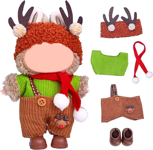 17cm Doll Clothes Set (No Doll), 5 Pieces Outfit Set for 6.7inch Dolls Suit, Stylish Adorable Dolls Christmas Clothes Accessories,Includes—Moose hat + Scarf + Top +Overalls+ Shoes(Style G)