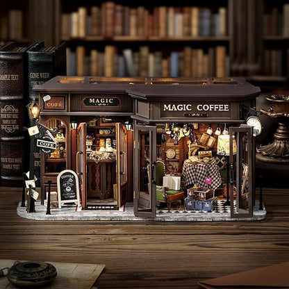 TuKIIE DIY Miniature Dollhouse Kit with Furniture, 1:24 Scale Creative Room Opened & Closed Wooden Doll House Plus Dust Proof for Kids Teens Adults(Vintage Coffee Shop)