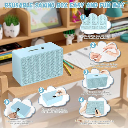 Wooden Money Saving Box, Cash Vault Savings Box for $10000 $5000 $3000 $1000 $800 $500 Target Money Saving Challenge, Reusable Money Box with Counter, Dry Erase Pen/Savings Trackers/Rubber Band-Blue