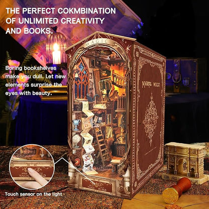 Book Nook Kit, DIY Dollhouse Booknook Bookshelf Insert Decor Alley, DIY Book Nook Miniature Kit with Lights, 3D Wooden Puzzle Decorative Bookend Miniature Model Kits for Adults