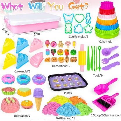 Ice Cream Sensory Bin for Girls Kids,Play Sand Art Kit with 2.2lb Color Magic Sands,56 pcs Cake Molds Tools Sandbox Toy-Fun Pretend Play Desserts Toys Sensory Toys for Girls Toddler 3 4 5 6 7 8