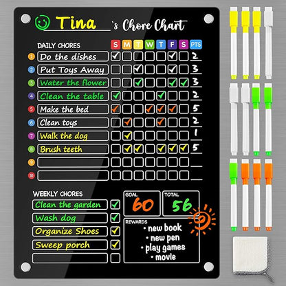 PigPotParty Black Acrylic Magnetic Chore Chart for Kids, 12"x16" Reward Responsibility Chart, 1 Pcs Daily Weekly Dry Erase Fridge Chore Board Checklist for Teens Adult, w/ 12 Markers & Towel