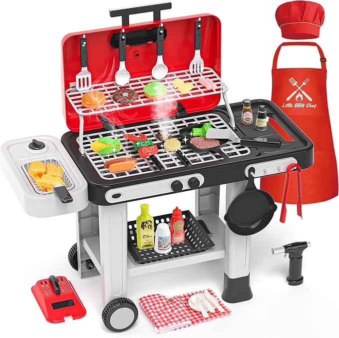86PCS Kids Play Kitchen Toys: 2025 Kids Grill Playset with Smoke, Sound, Light, UV&Water Color-Changing Play Food, Pretend Kids Kitchen Playset, Interactive BBQ Outdoor Toys, Birthday Gift for Toddler