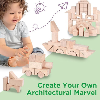 iPlay, iLearn Kid Wooden Building Block Set, Toddler Natural Wood Block Montessori Learning Toy, Large Hardwood Stacking Brick Castle Unit, Preschool Classroom Gift 2 3 4 5 6 8 Year Old Boy Girl Child