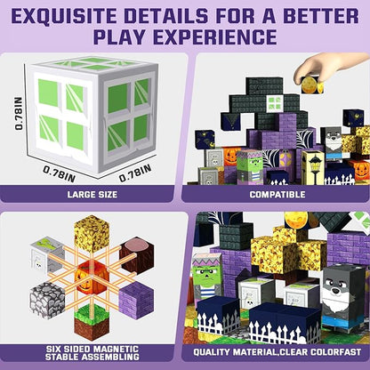 Halloween Magnetic Blocks 100 Pieces for Kids, Magnetic Tiles 3D Sensory Construction Building Dog Pumpkin, Magnet Cubes Stacking Toys Games for Toddlers Boys Girls Ages 3+