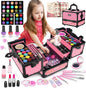 Hollyhi 59Pcs Kids Makeup Kit for Girl, Washable Play Makeup Toys Set for Dress Up, Beauty Vanity Set with Cosmetic Case Birthday Toys for Girls 3 4 5 6 7 8 9 10 11 12 Year Old Kids Toddlers ( Pink )