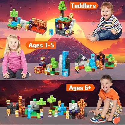 Dinosaur Magnetic Blocks,Dino Volcano World Magnet Building Toys, Sensory Montessori Toys for STEM Learning, Toddler Gift for Boys & Girls Age 3-4 4-5 6-8
