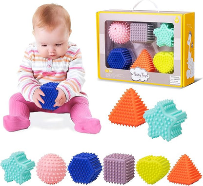 Baby Sensory Balls, Montessori Toys Soft Baby Balls 6 to 12 Months Textured Geometric Shapes for Babies' Sensory Development, Multicolor Bath Gifts Spiky Squeeze Ball for Infant Kids