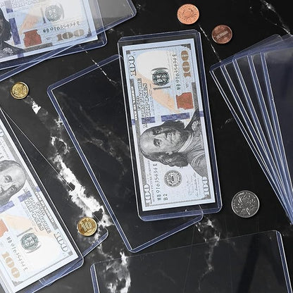 50 Pack Dollar Bill Sleeves, Clear PVC Currency Holders Transparent Bill Display Protectors for Regular Bills Cash Money Banknotes and Stamps, 6.8 x 2.9 Inch