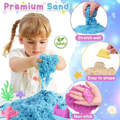 G.C Ocean Mermaid Sensory Bin for Girl Kid Toy, 2lb Play Sand/Large Sea Shell/Sandbox/ 6 Castle Molds/Figures, Mermaid Sensory Toys Christmas Birthday Gift for Toddlers Girls Age 3 4 5 6 7 8