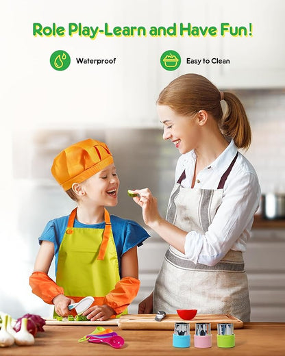 38 Pcs Kids Knife Set, BPA Free Montessori Kitchen Cooking Tools-Kid Safe Knifes, Crinkle Cutters, Avocado Slicer, Cutting Board, Peeler, Apron Gloves Set, Kitchen Tools for 3+ Year Old Girl Boy