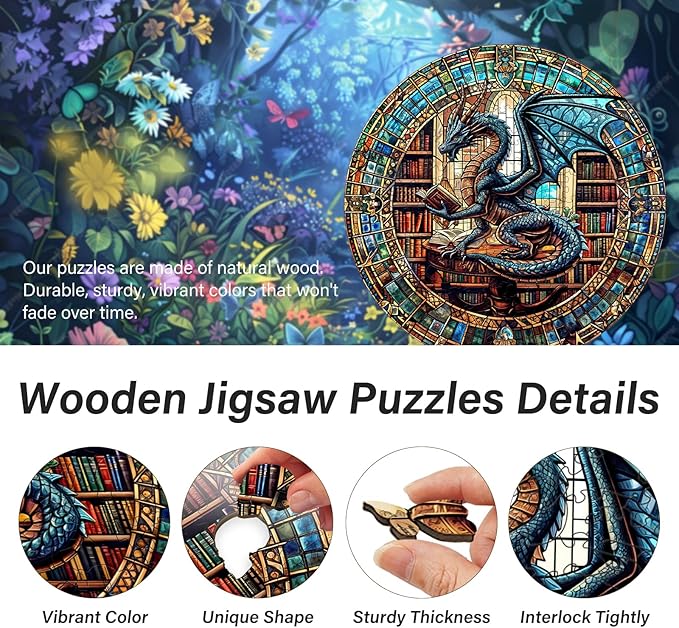 WOODBESTS Wooden Puzzles for Adults (300 Piece, L, 13.4"x13.4") Dragon's Library Wood Puzzle Adult, Unique Wooden Animal Jigsaw Puzzles, Family Game and Birthday Gifts for Friend
