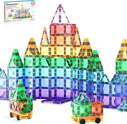 PicassoTiles 120pcs Mini Size Magnetic Tiles Magnet Toys Diamond Series Sensory Construction Building Blocks Set STEM Learning Travel Size Educational Toy for Kids Boys Girls Toddlers Age 3+ PTM120