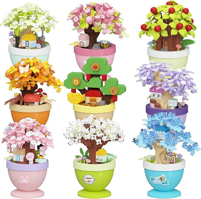 9 Set Mini Bonsai Tree Micro Building Set Building Toy Plant Cherry Tree Flower Collection Decor for Home Desk Greenery Decoration Building Blocks DIY Creative Gifts