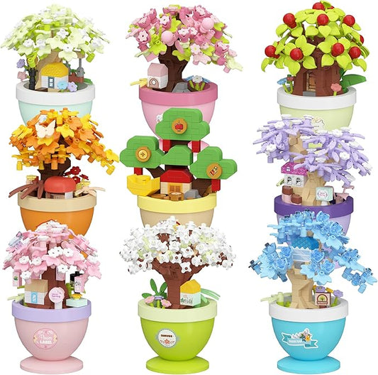 9 Set Mini Bonsai Tree Micro Building Set Building Toy Plant Cherry Tree Flower Collection Decor for Home Desk Greenery Decoration Building Blocks DIY Creative Gifts